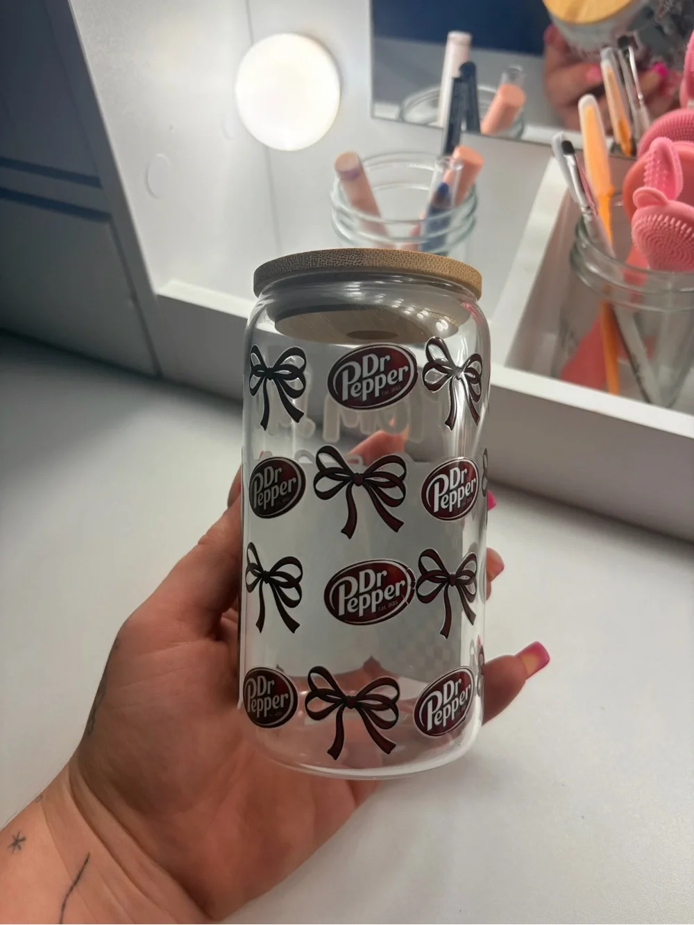 Clear Glass Can Tumbler with Brown Lid - Novelty Home Party Drinkware